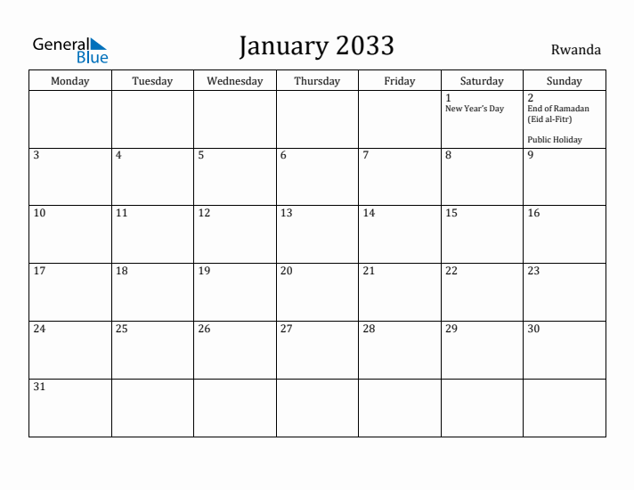 January 2033 Calendar Rwanda