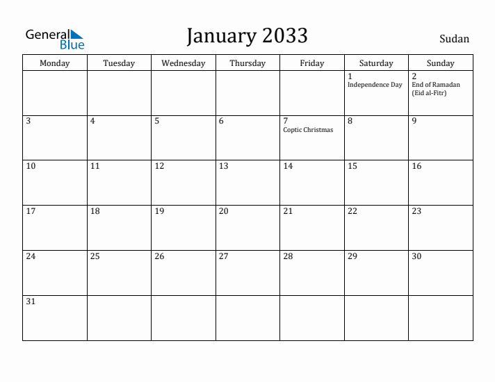 January 2033 Calendar Sudan