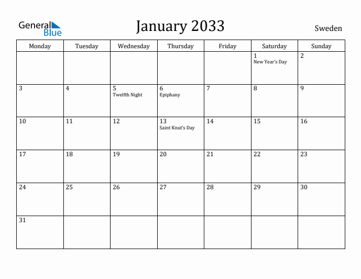 January 2033 Calendar Sweden