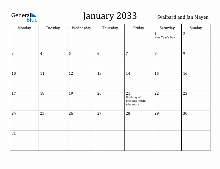 January 2033 Calendar Svalbard and Jan Mayen