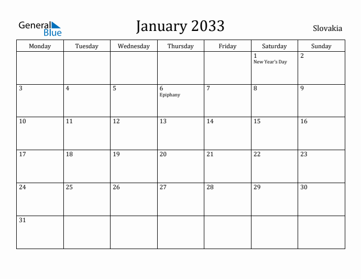 January 2033 Calendar Slovakia