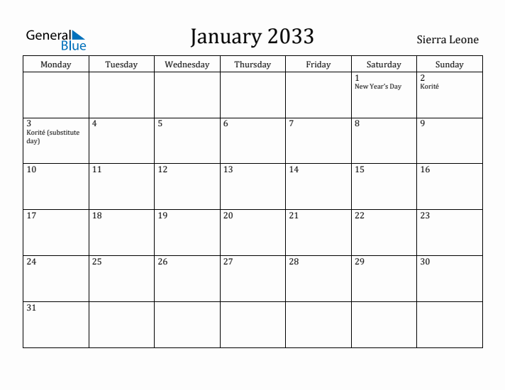 January 2033 Calendar Sierra Leone