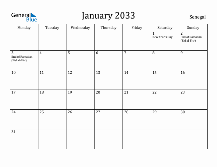 January 2033 Calendar Senegal