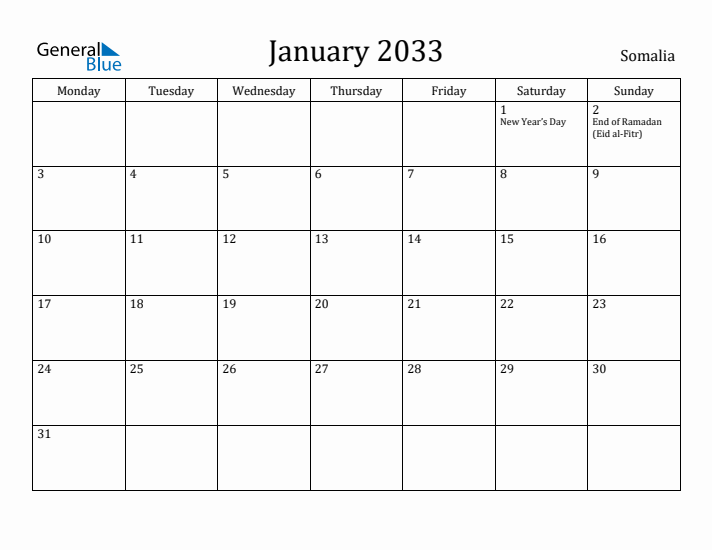 January 2033 Calendar Somalia