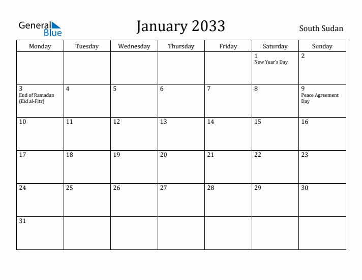 January 2033 Calendar South Sudan