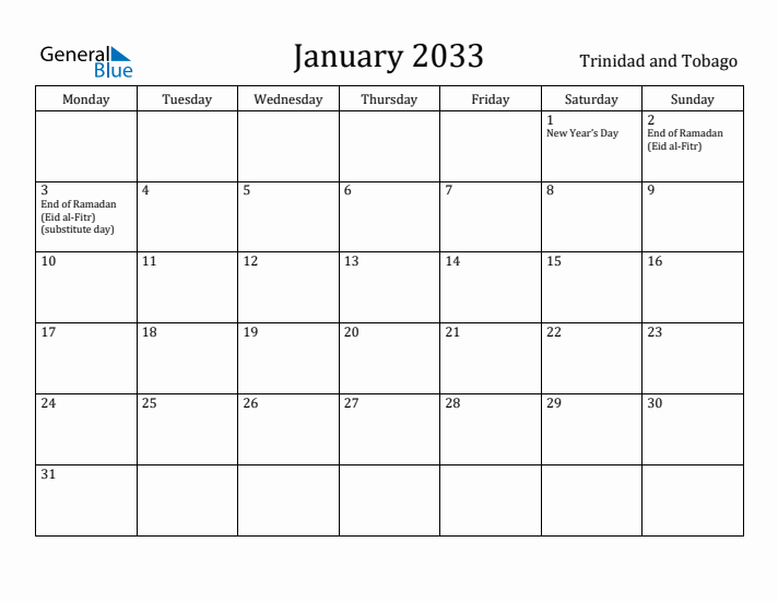 January 2033 Calendar Trinidad and Tobago