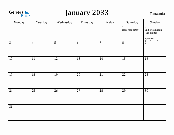 January 2033 Calendar Tanzania