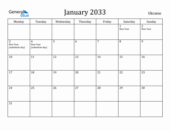 January 2033 Calendar Ukraine