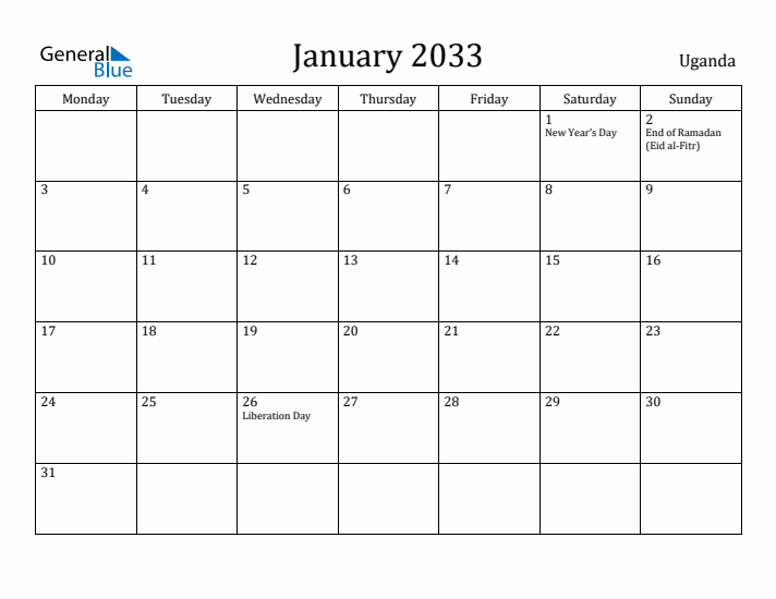 January 2033 Calendar Uganda