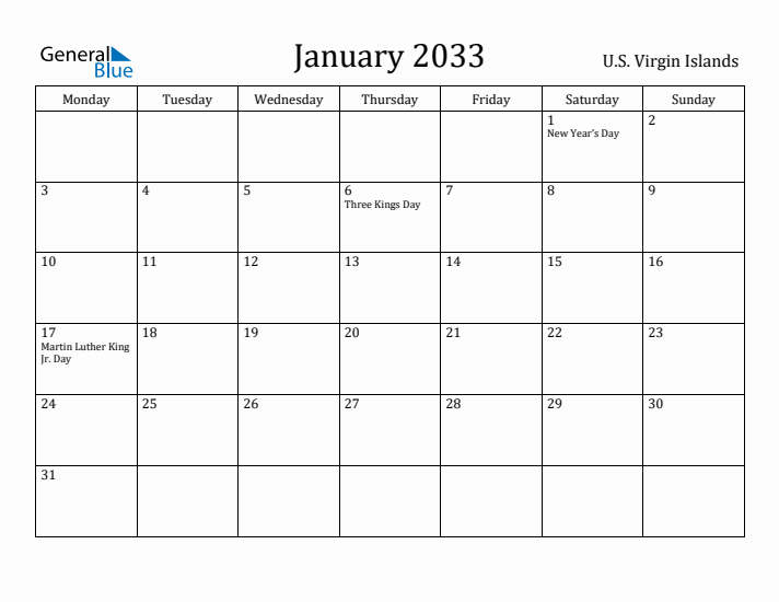 January 2033 Calendar U.S. Virgin Islands