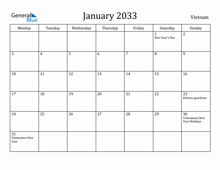 January 2033 Calendar Vietnam