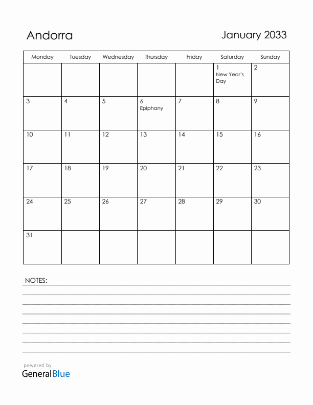 January 2033 Andorra Calendar with Holidays (Monday Start)