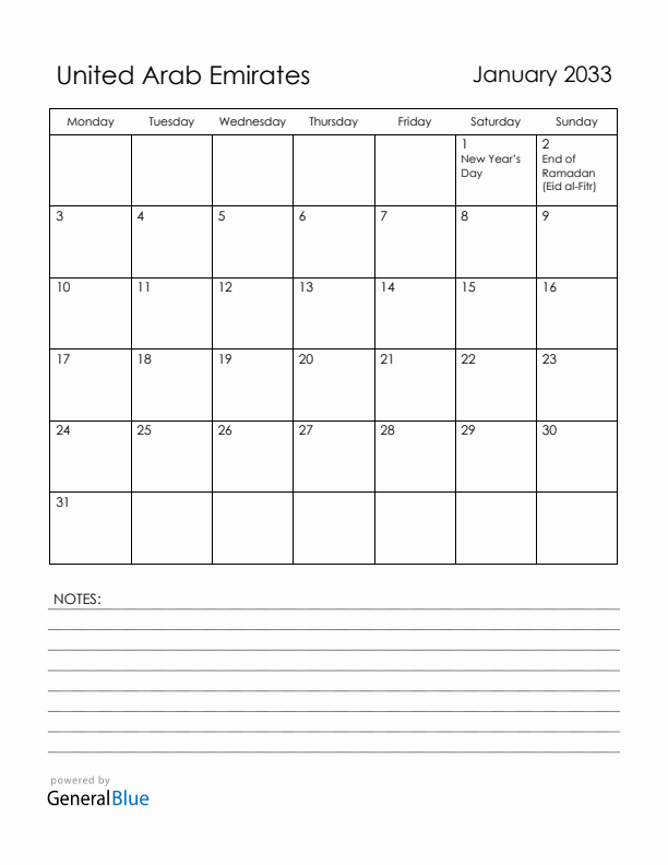 January 2033 United Arab Emirates Calendar with Holidays (Monday Start)