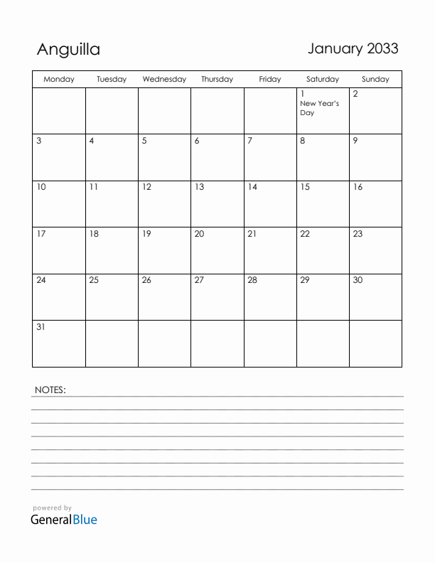 January 2033 Anguilla Calendar with Holidays (Monday Start)