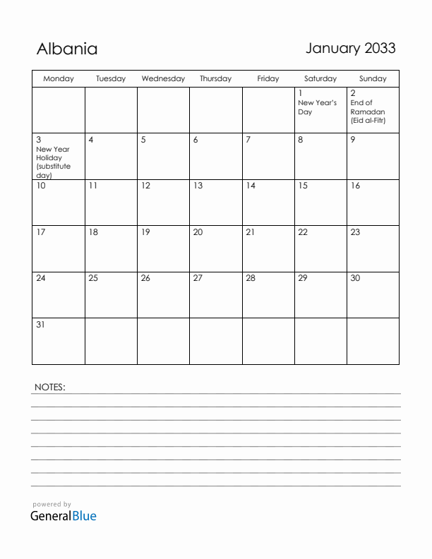 January 2033 Albania Calendar with Holidays (Monday Start)