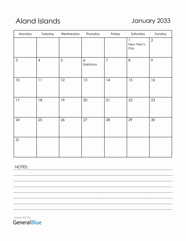 January 2033 Aland Islands Calendar with Holidays (Monday Start)