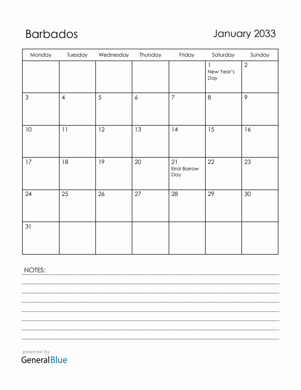 January 2033 Barbados Calendar with Holidays (Monday Start)