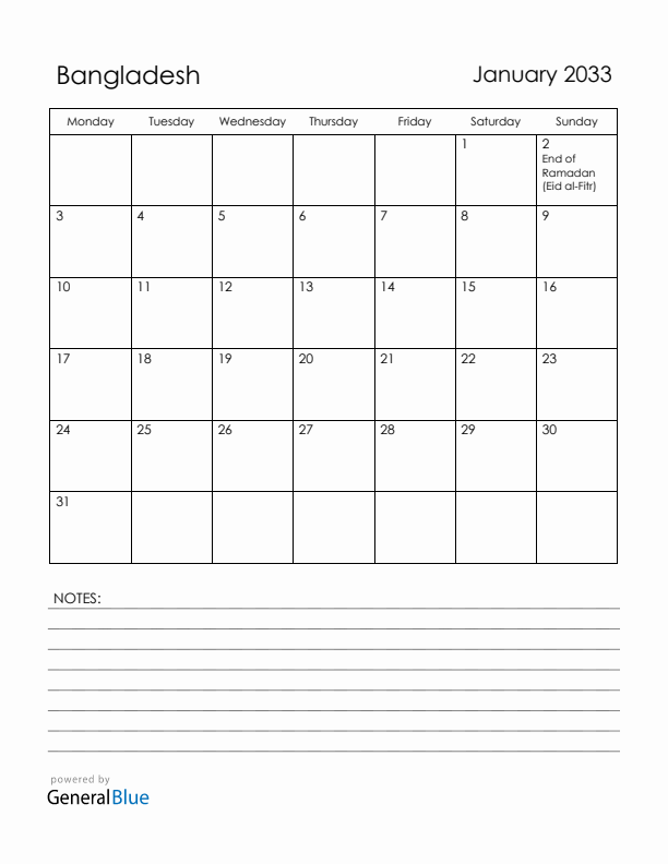January 2033 Bangladesh Calendar with Holidays (Monday Start)