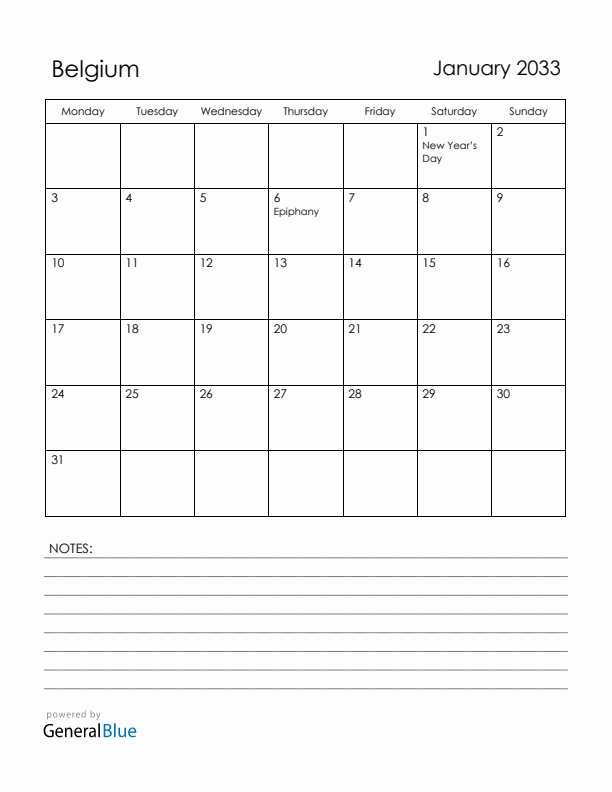January 2033 Belgium Calendar with Holidays (Monday Start)