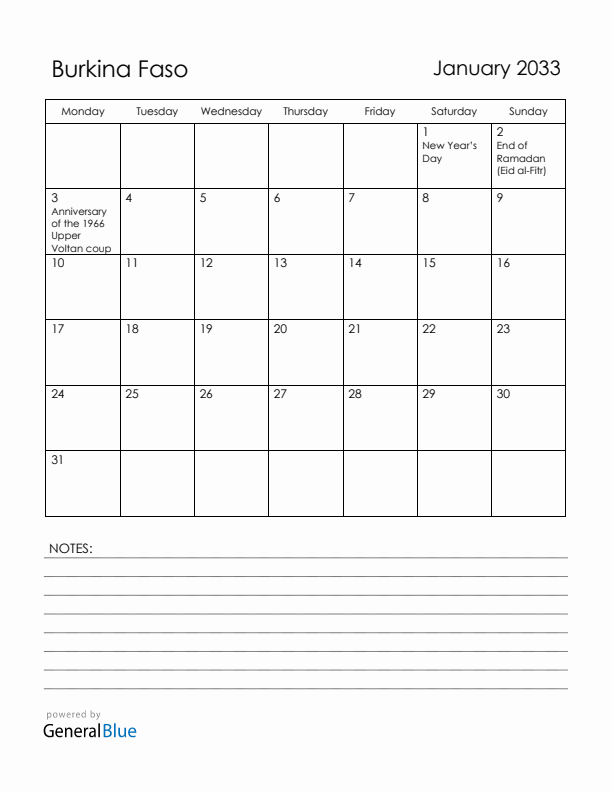 January 2033 Burkina Faso Calendar with Holidays (Monday Start)
