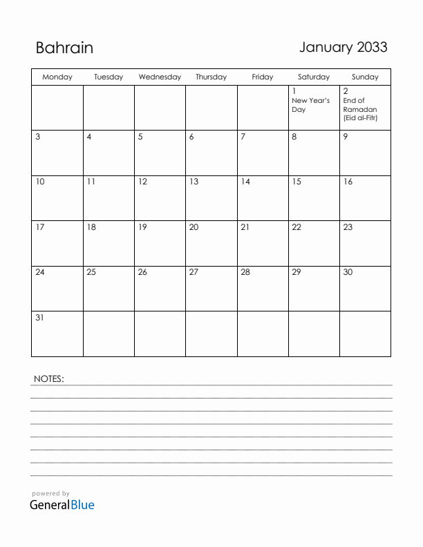 January 2033 Bahrain Calendar with Holidays (Monday Start)