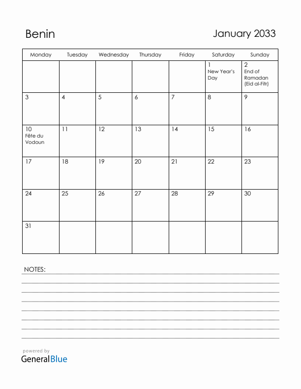 January 2033 Benin Calendar with Holidays (Monday Start)