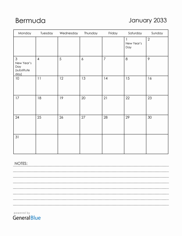 January 2033 Bermuda Calendar with Holidays (Monday Start)
