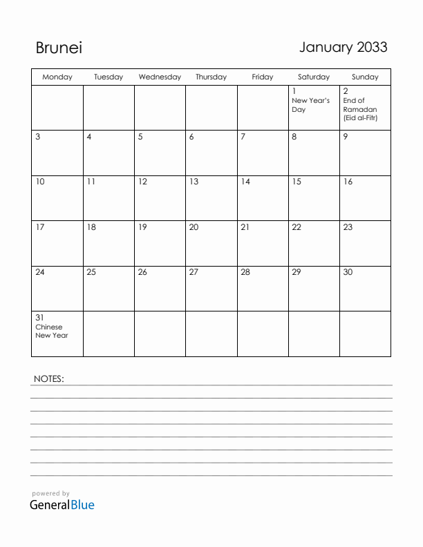 January 2033 Brunei Calendar with Holidays (Monday Start)