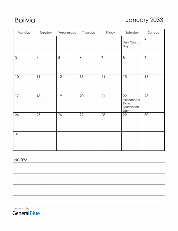 January 2033 Bolivia Calendar with Holidays (Monday Start)
