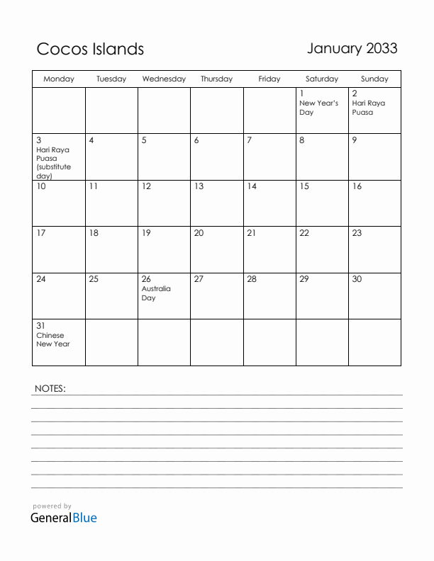 January 2033 Cocos Islands Calendar with Holidays (Monday Start)