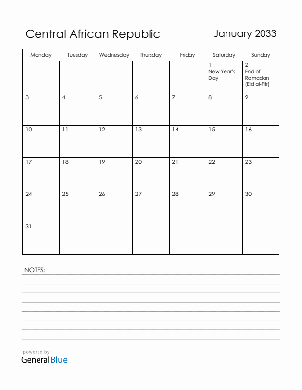 January 2033 Central African Republic Calendar with Holidays (Monday Start)