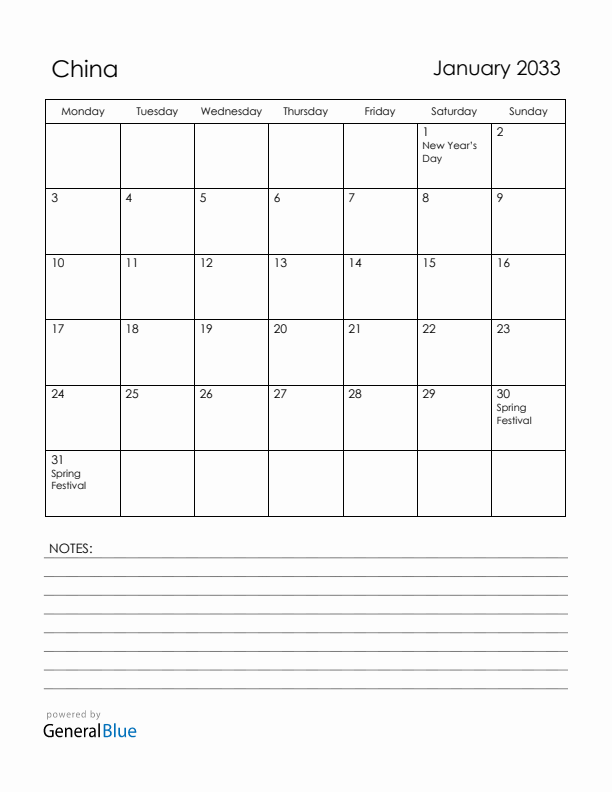 January 2033 China Calendar with Holidays (Monday Start)