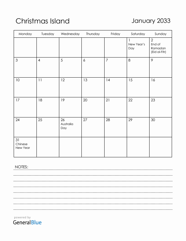 January 2033 Christmas Island Calendar with Holidays (Monday Start)