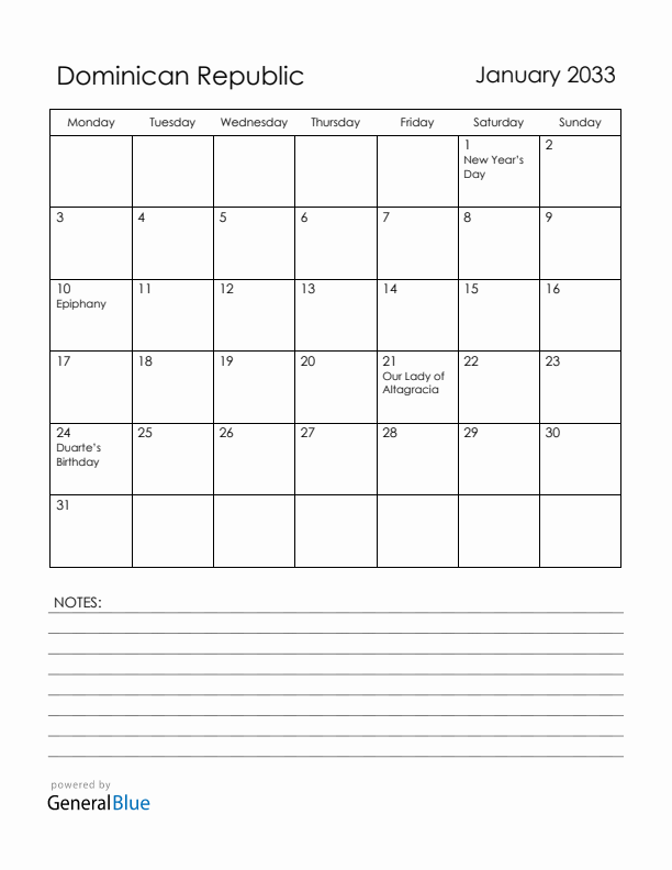 January 2033 Dominican Republic Calendar with Holidays (Monday Start)