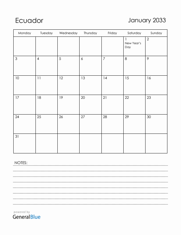 January 2033 Ecuador Calendar with Holidays (Monday Start)