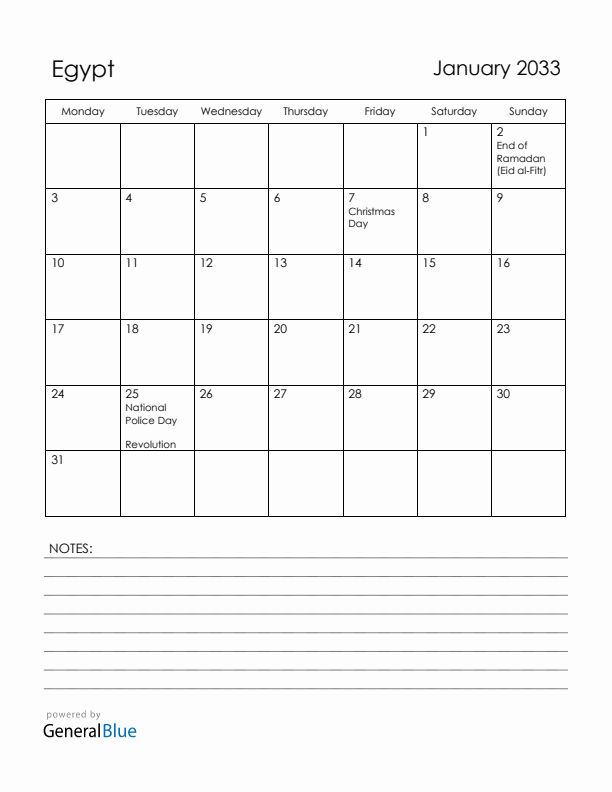 January 2033 Egypt Calendar with Holidays (Monday Start)