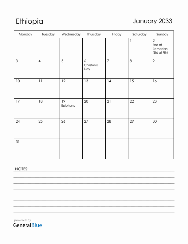 January 2033 Ethiopia Calendar with Holidays (Monday Start)