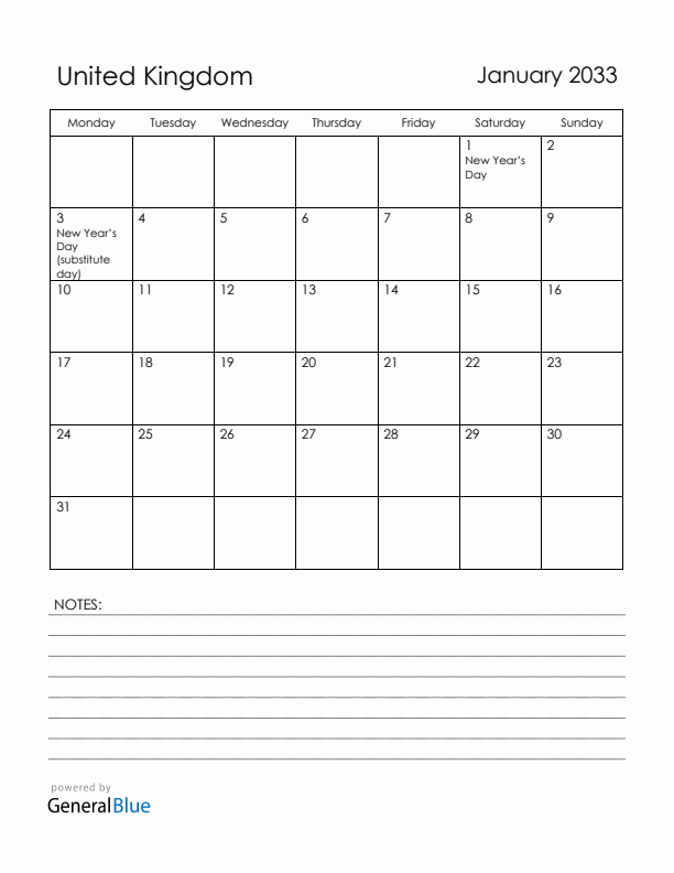 January 2033 United Kingdom Calendar with Holidays (Monday Start)