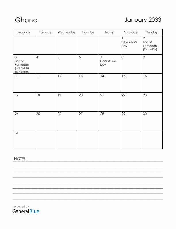 January 2033 Ghana Calendar with Holidays (Monday Start)