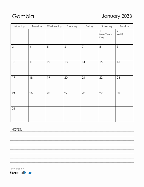 January 2033 Gambia Calendar with Holidays (Monday Start)
