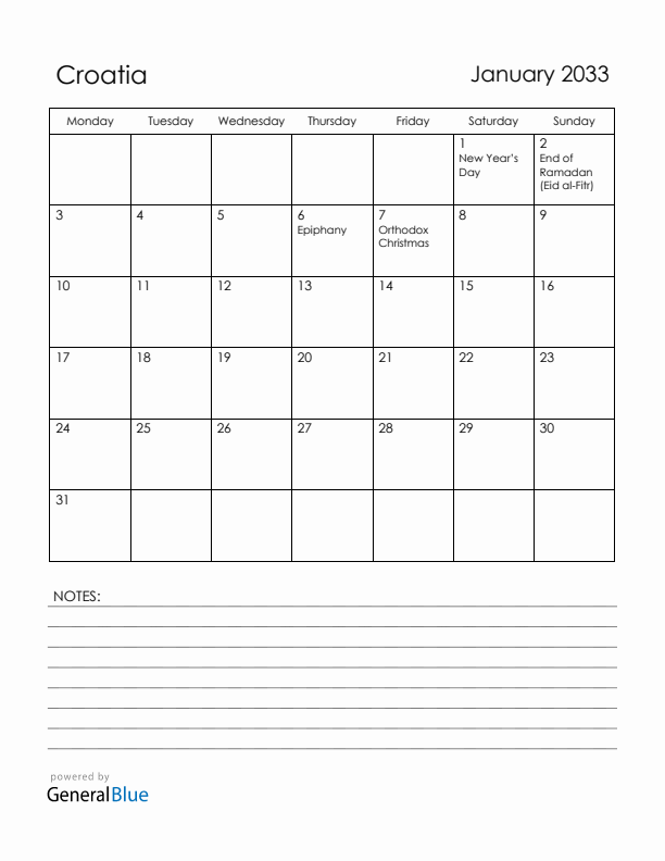 January 2033 Croatia Calendar with Holidays (Monday Start)