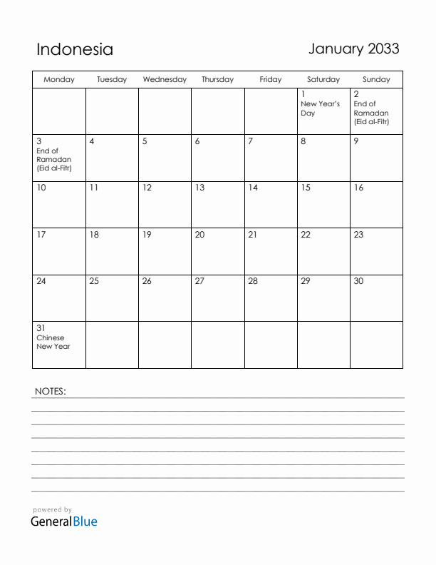January 2033 Indonesia Calendar with Holidays (Monday Start)