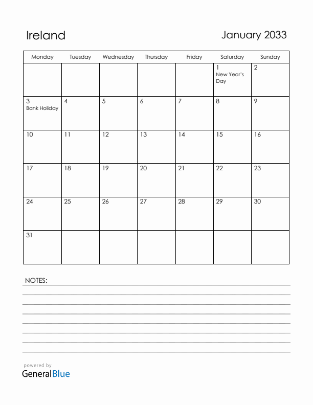 January 2033 Ireland Calendar with Holidays (Monday Start)