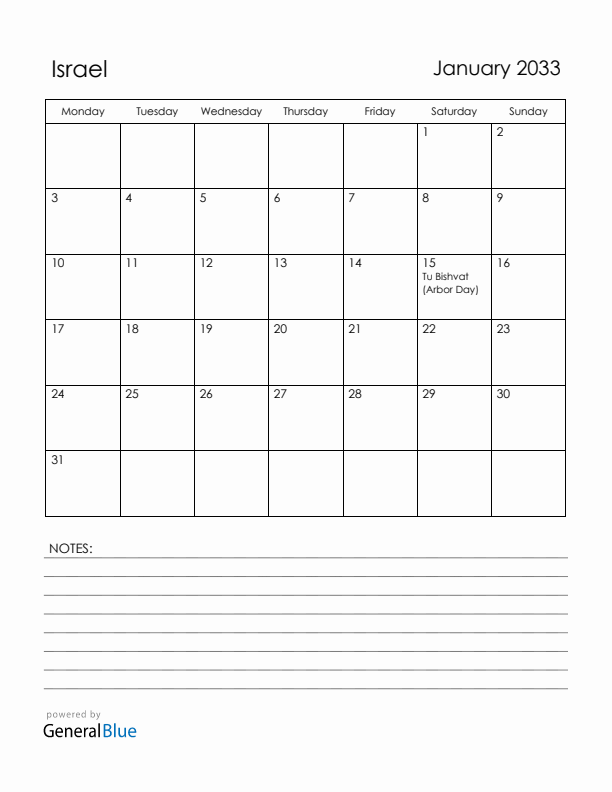 January 2033 Israel Calendar with Holidays (Monday Start)