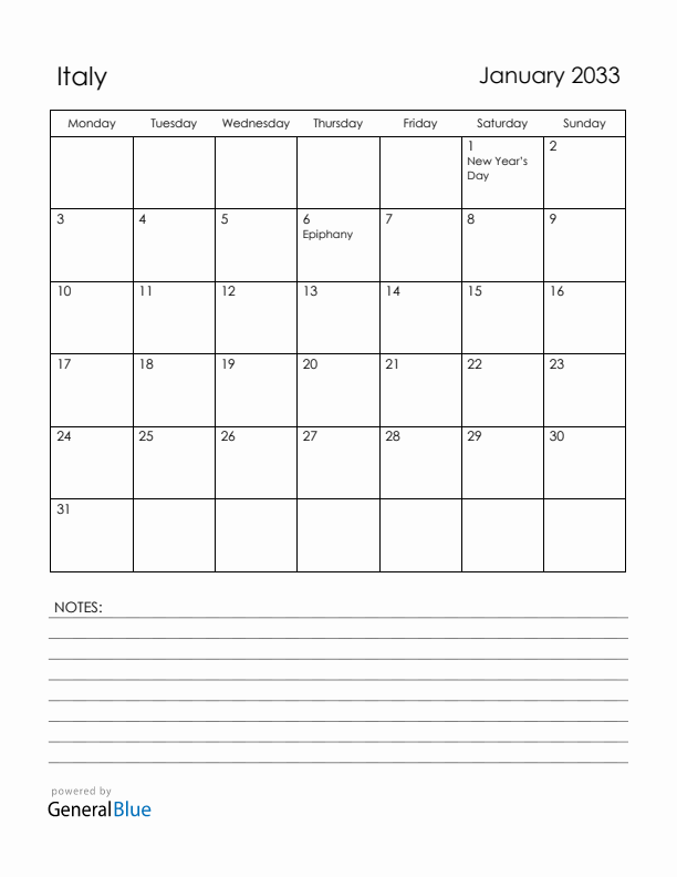January 2033 Italy Calendar with Holidays (Monday Start)