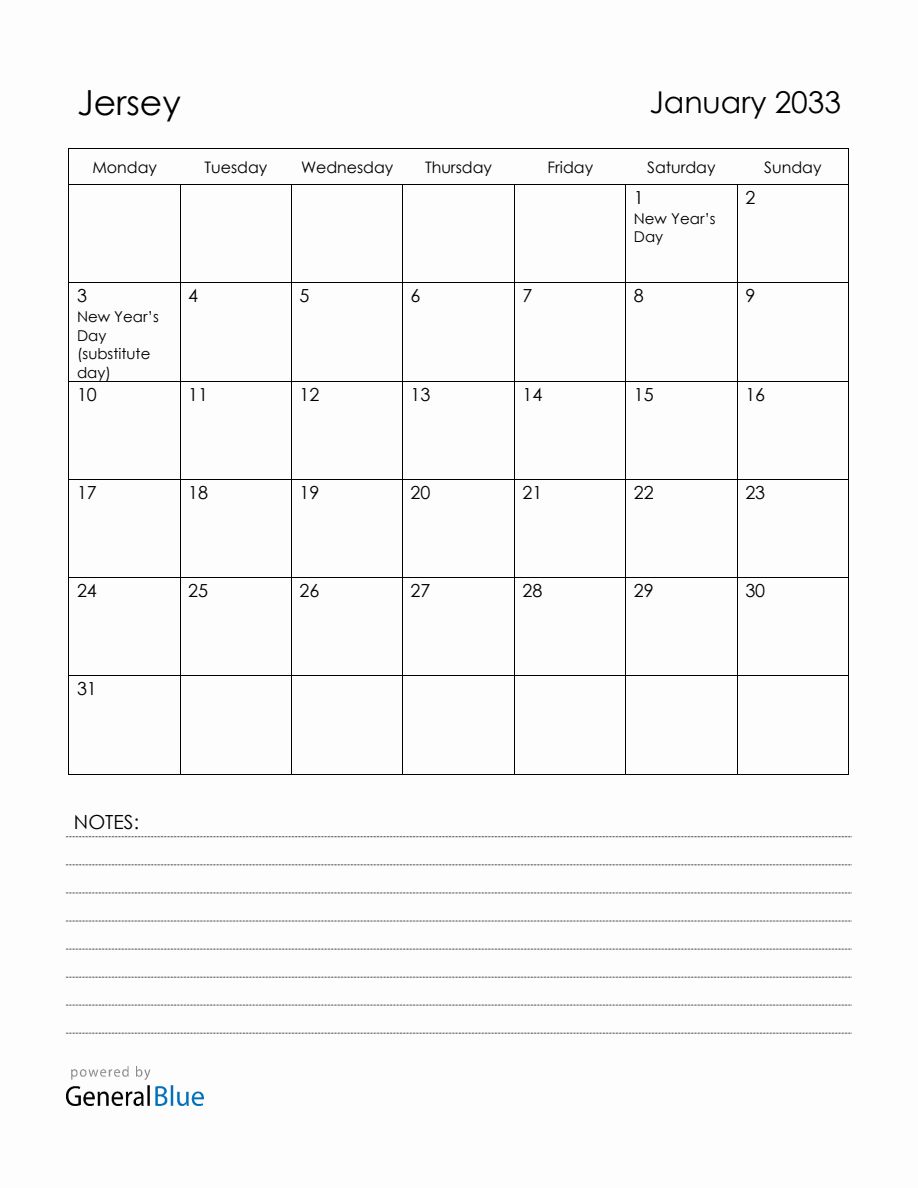 January 2033 Jersey Calendar with Holidays (Monday Start)