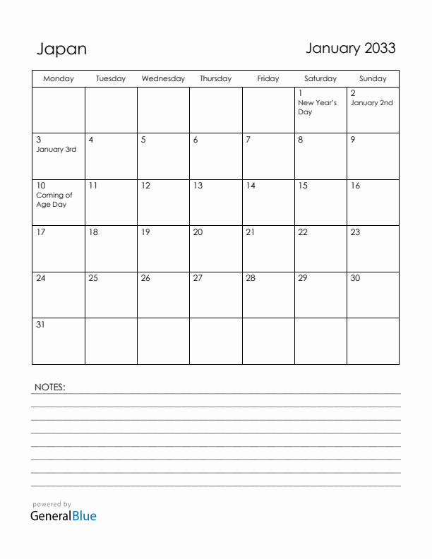 January 2033 Japan Calendar with Holidays (Monday Start)