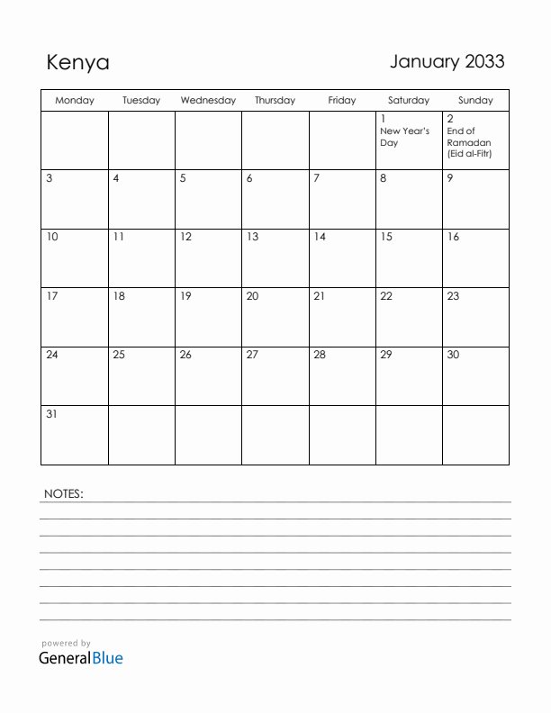 January 2033 Kenya Calendar with Holidays (Monday Start)