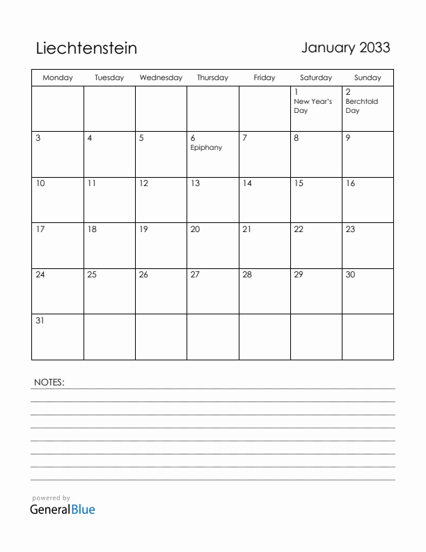 January 2033 Liechtenstein Calendar with Holidays (Monday Start)