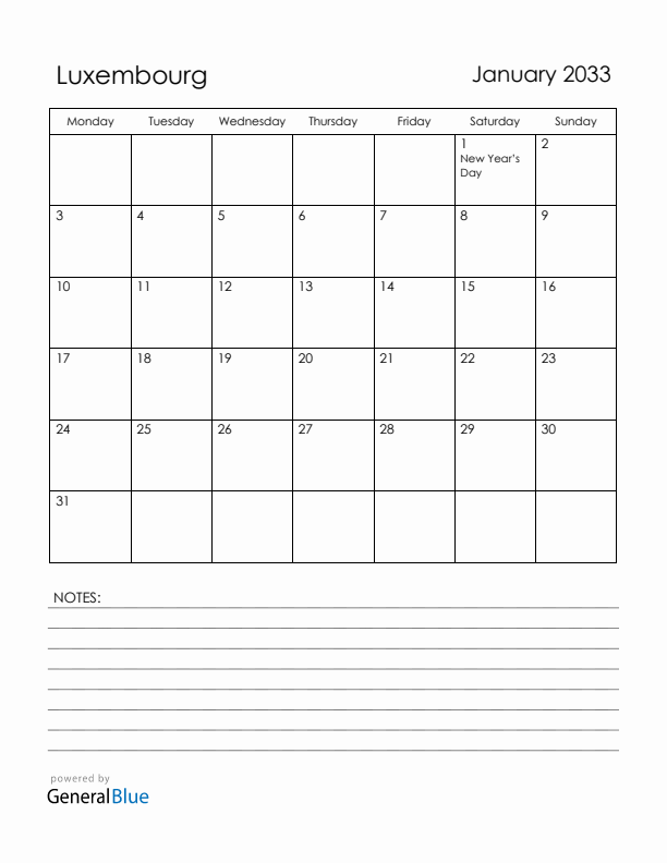 January 2033 Luxembourg Calendar with Holidays (Monday Start)